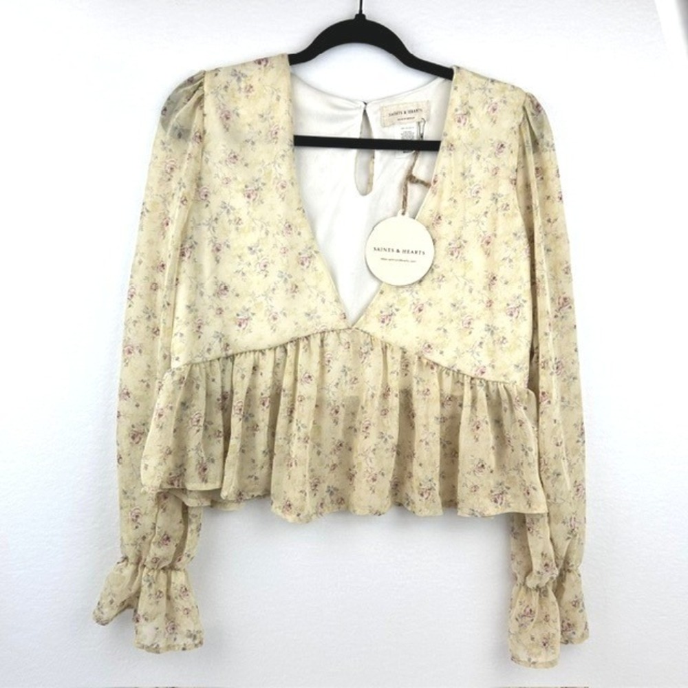 Saints & Hearts Floral V-Neck Peplum Top Yellow Pink Ruffle Sleeve Medium